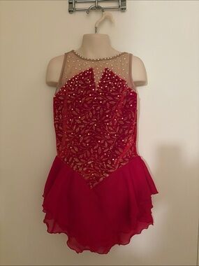 JERRY’s Girls Red Competition Figure Skating Dress with Gold Accents Youth 10-12